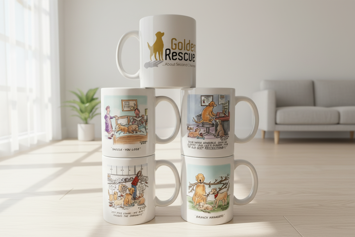Stack of mugs with illustrations and text on a light wooden living room floor.