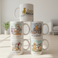 Stack of mugs with illustrations and text on a light wooden living room floor.