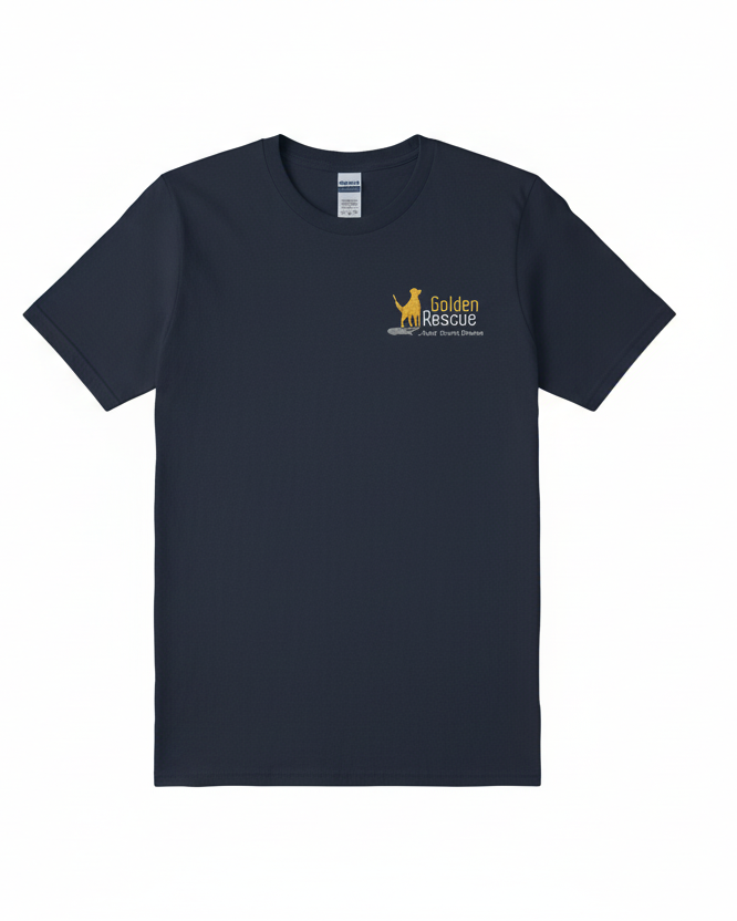 Navy blue t-shirt with a logo on the chest against a white background