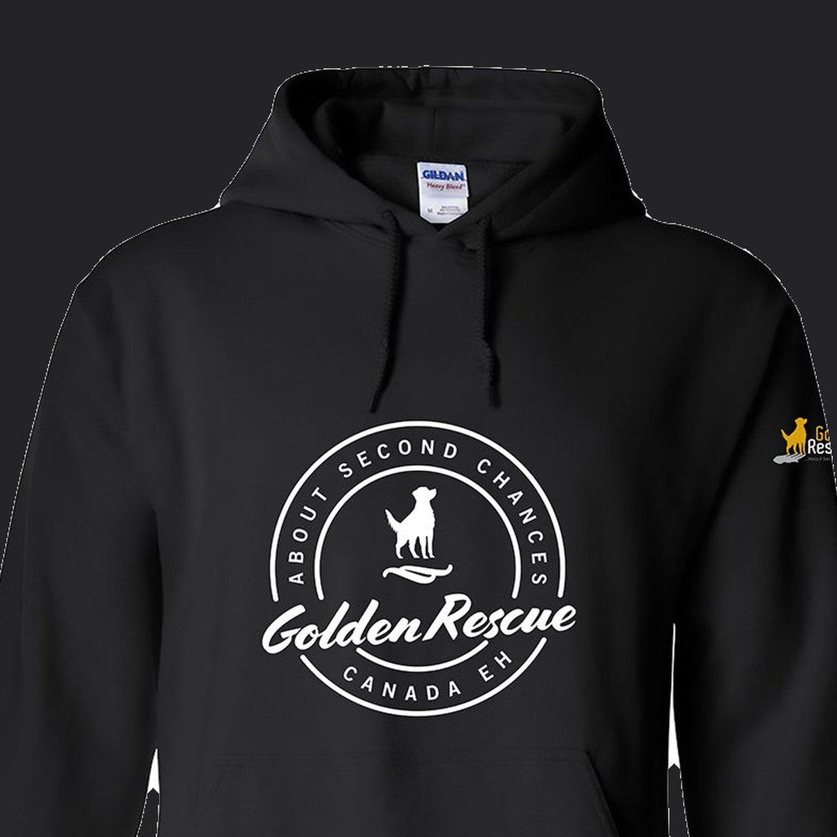 Hoodie, Golden Rescue Crest, Black, saying close-up