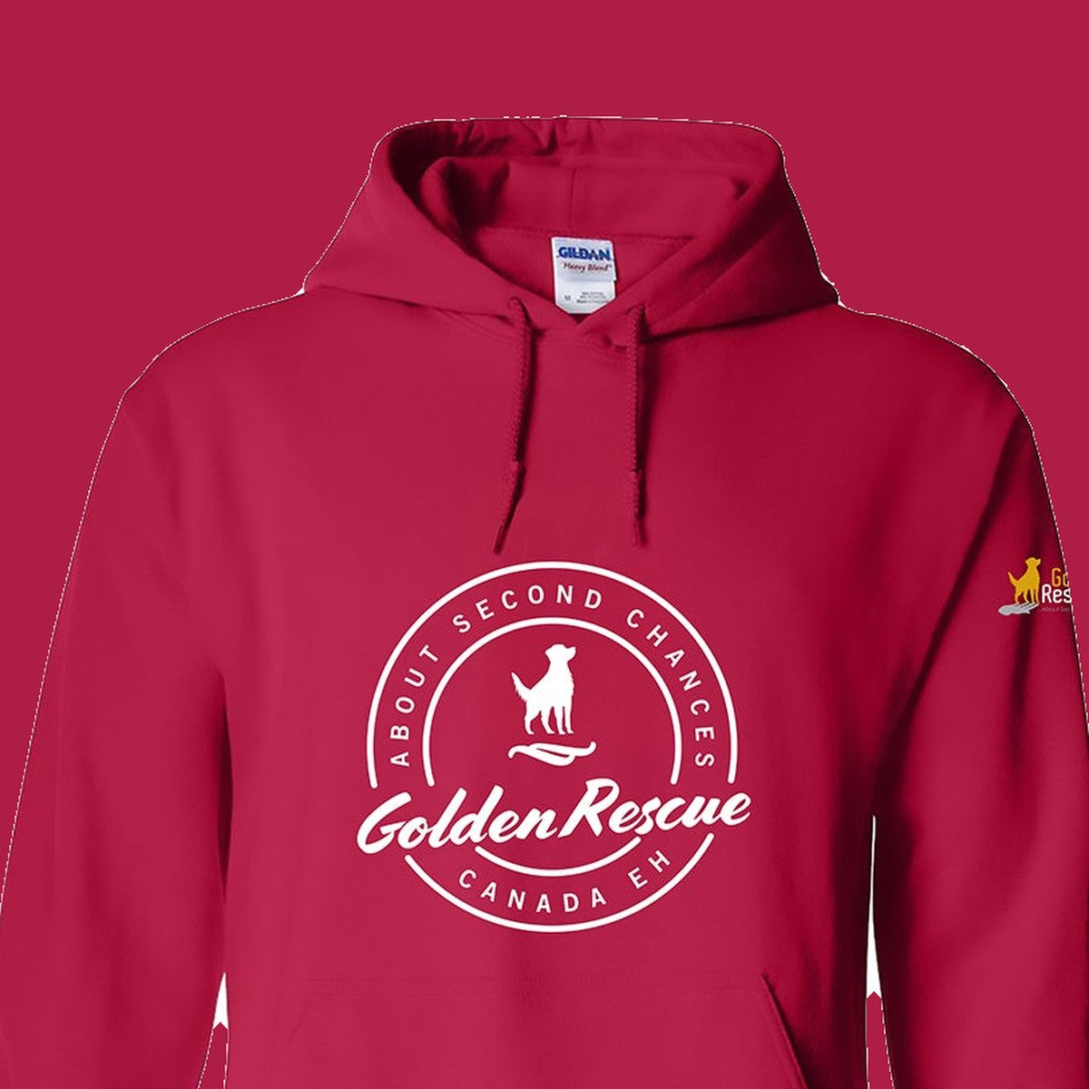 Hoodie, Golden Rescue Crest, Red, saying close-up