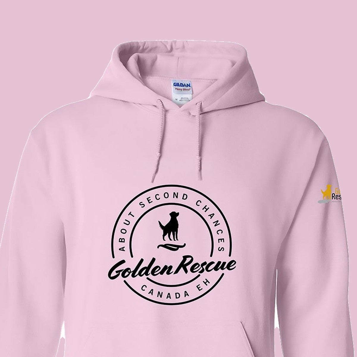 Hoodie, Golden Rescue Crest, Pink, saying close-up