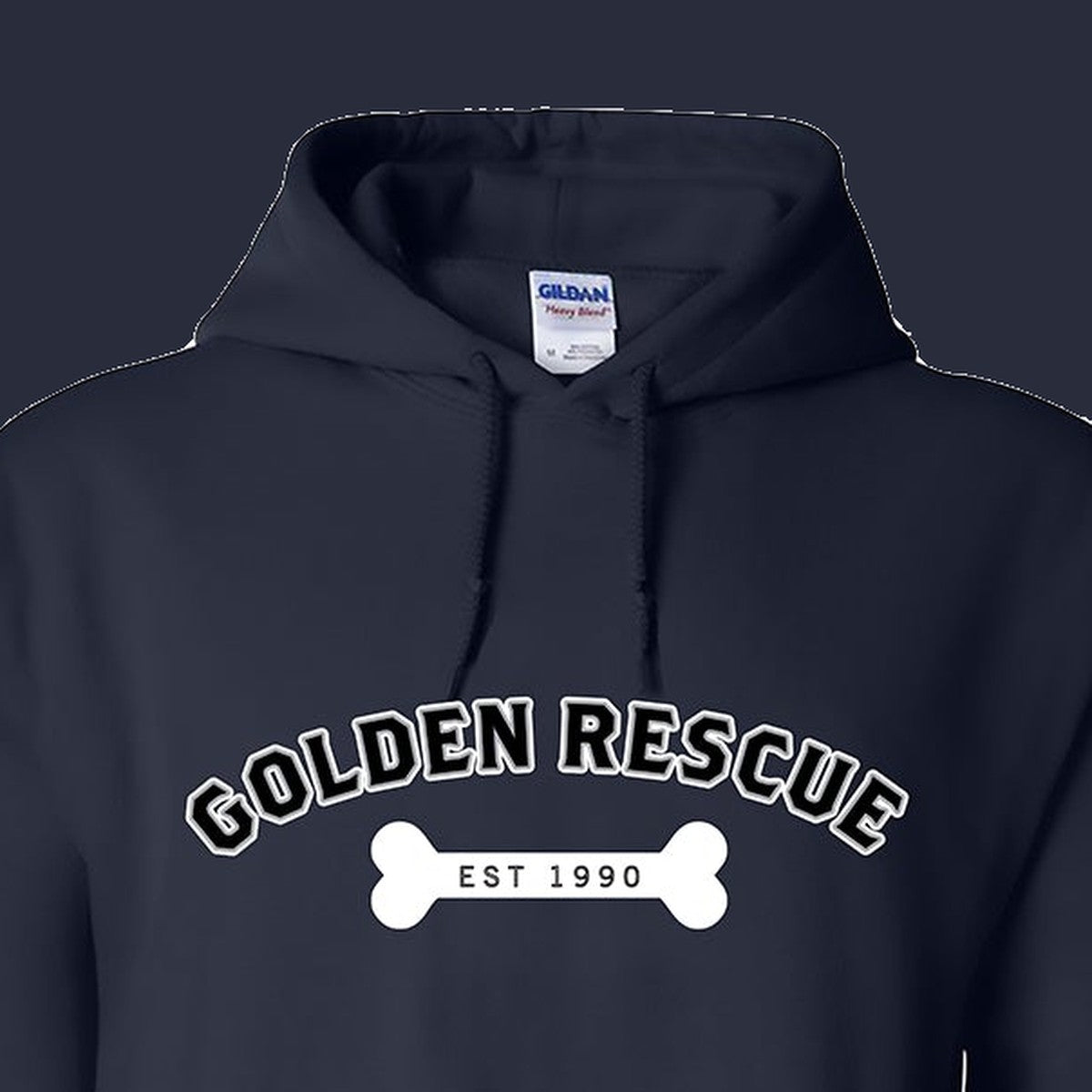 Hoodie, Golden Rescue Bone, Navy, saying close-up
