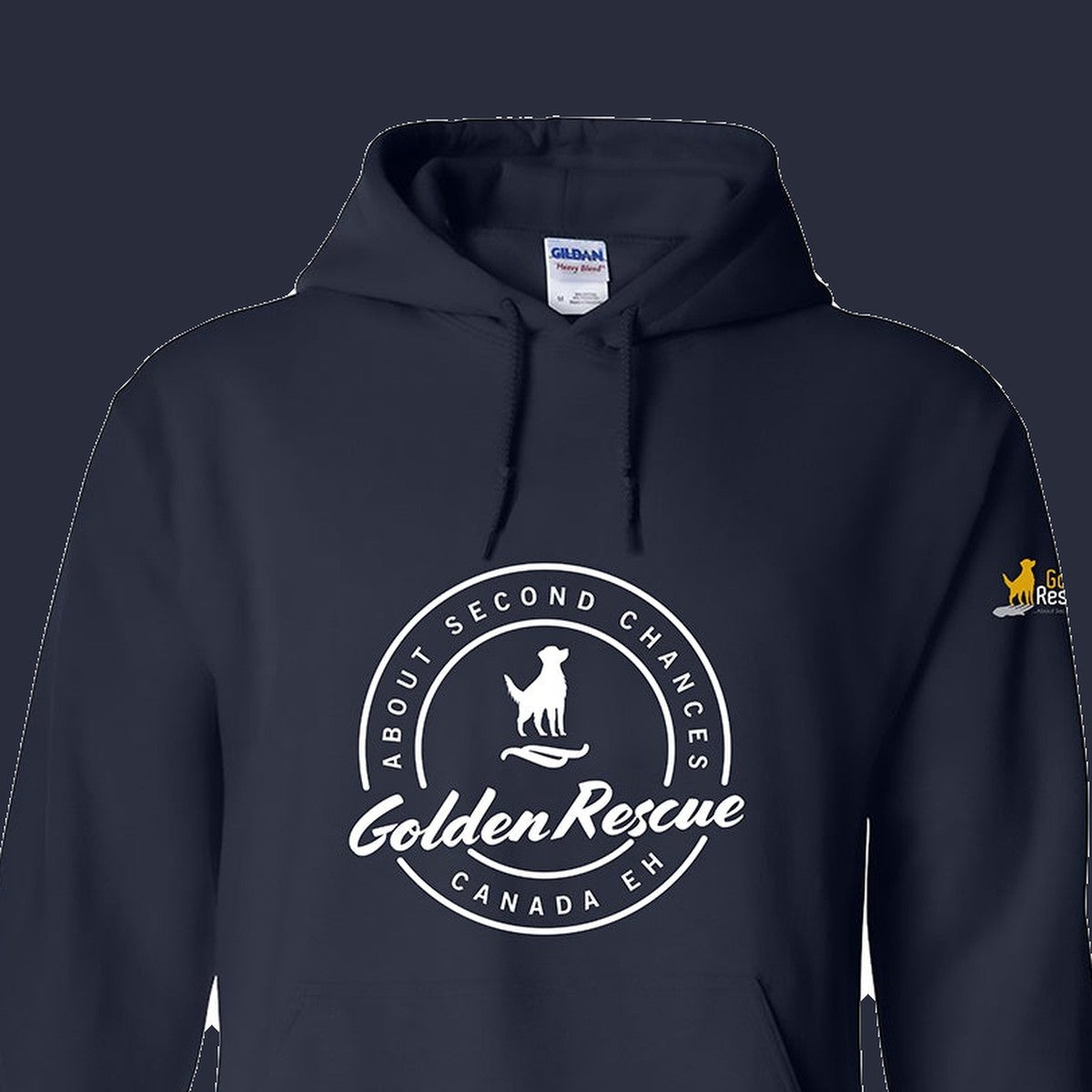 Hoodie, Golden Rescue Crest, Navy, saying close-up