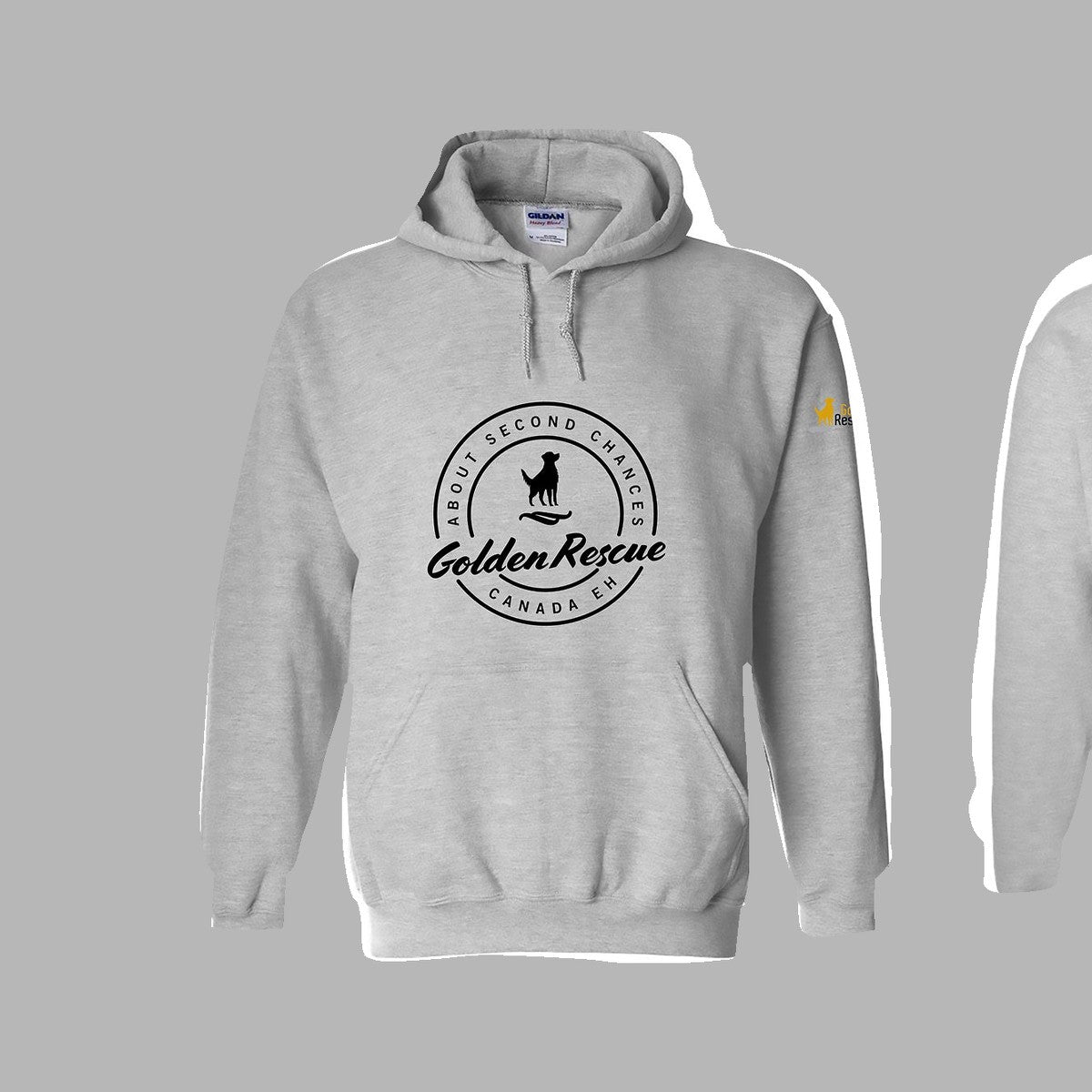 Hoodie, Golden Rescue Crest, Light grey, saying close-up