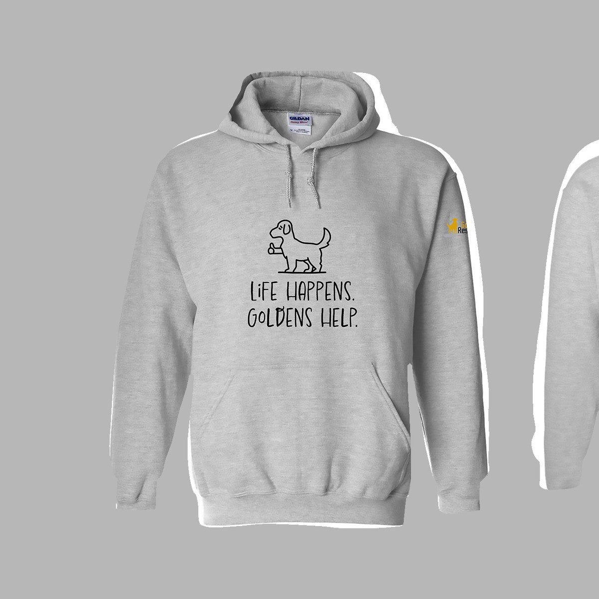 Hoodie, Life Happens, Light grey, saying close-up