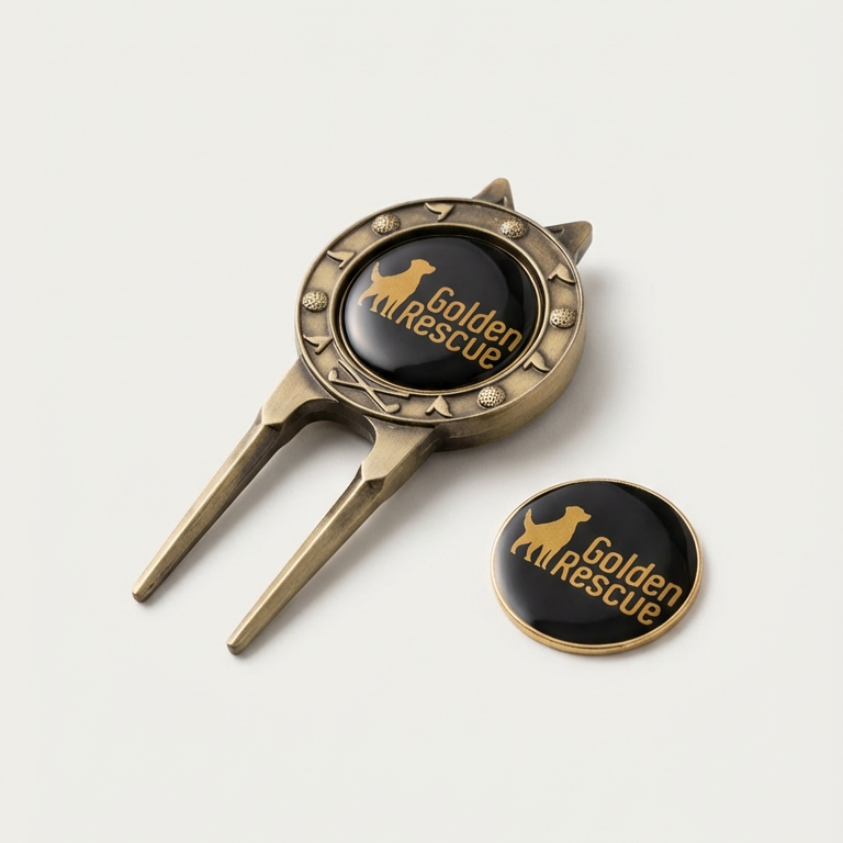 Gold and black divot tool with 'Golden Rescue' logo on a white background