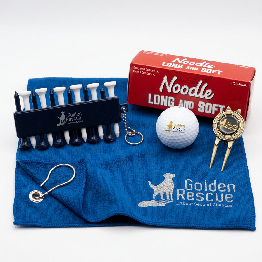 Golf accessories including tees, towel, ball, and keychain on a white background