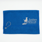 Blue towel with Golden Rescue logo on a white background