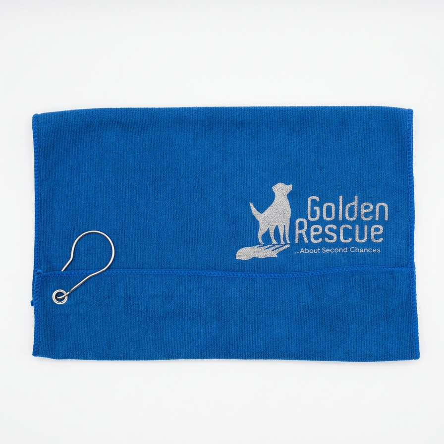 Blue towel with Golden Rescue logo on a white background