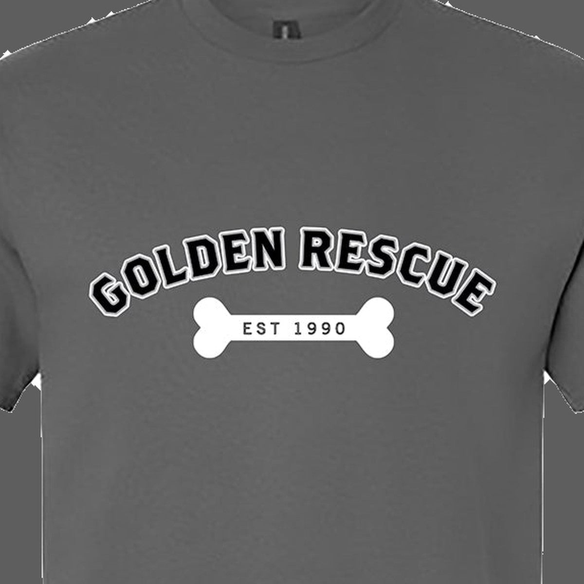 Tee, Golden Rescue Bone, Grey, saying close-up