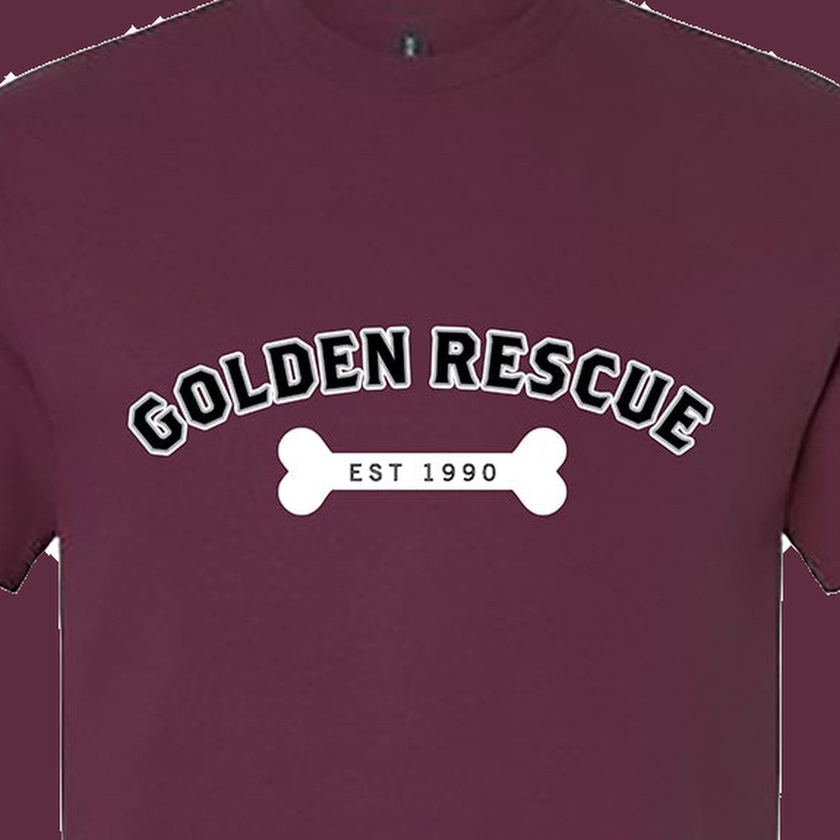 Tee, Golden Rescue Bone, Maroon, saying close-up