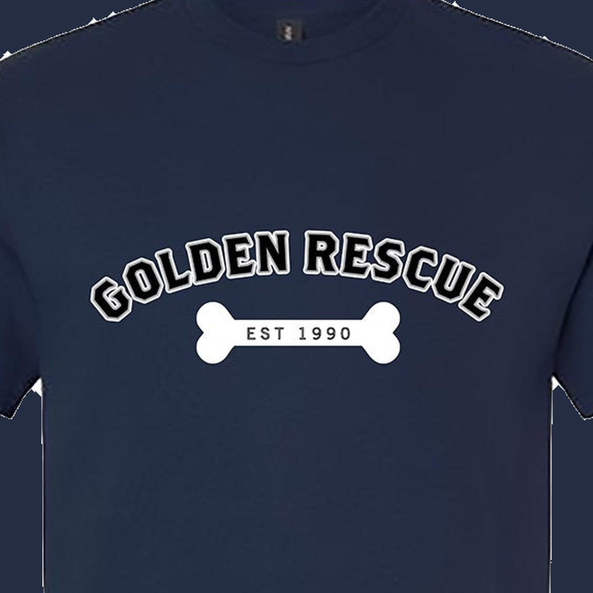 Tee, Golden Rescue Bone, Navy, saying close-up