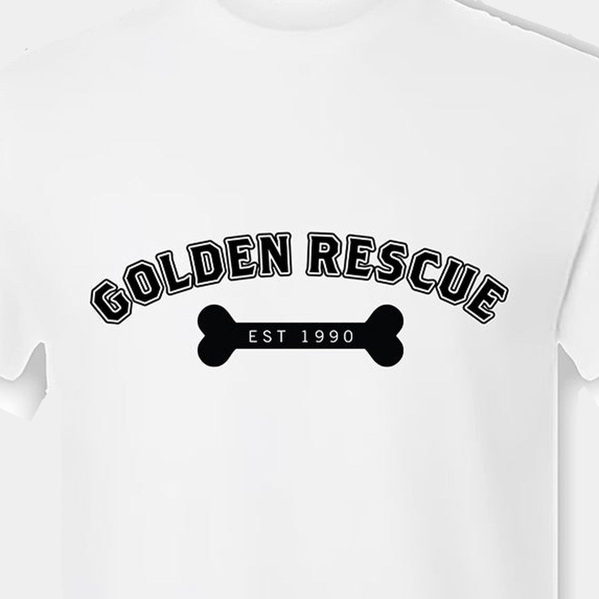 Tee, Golden Rescue Bone, White, saying close-up