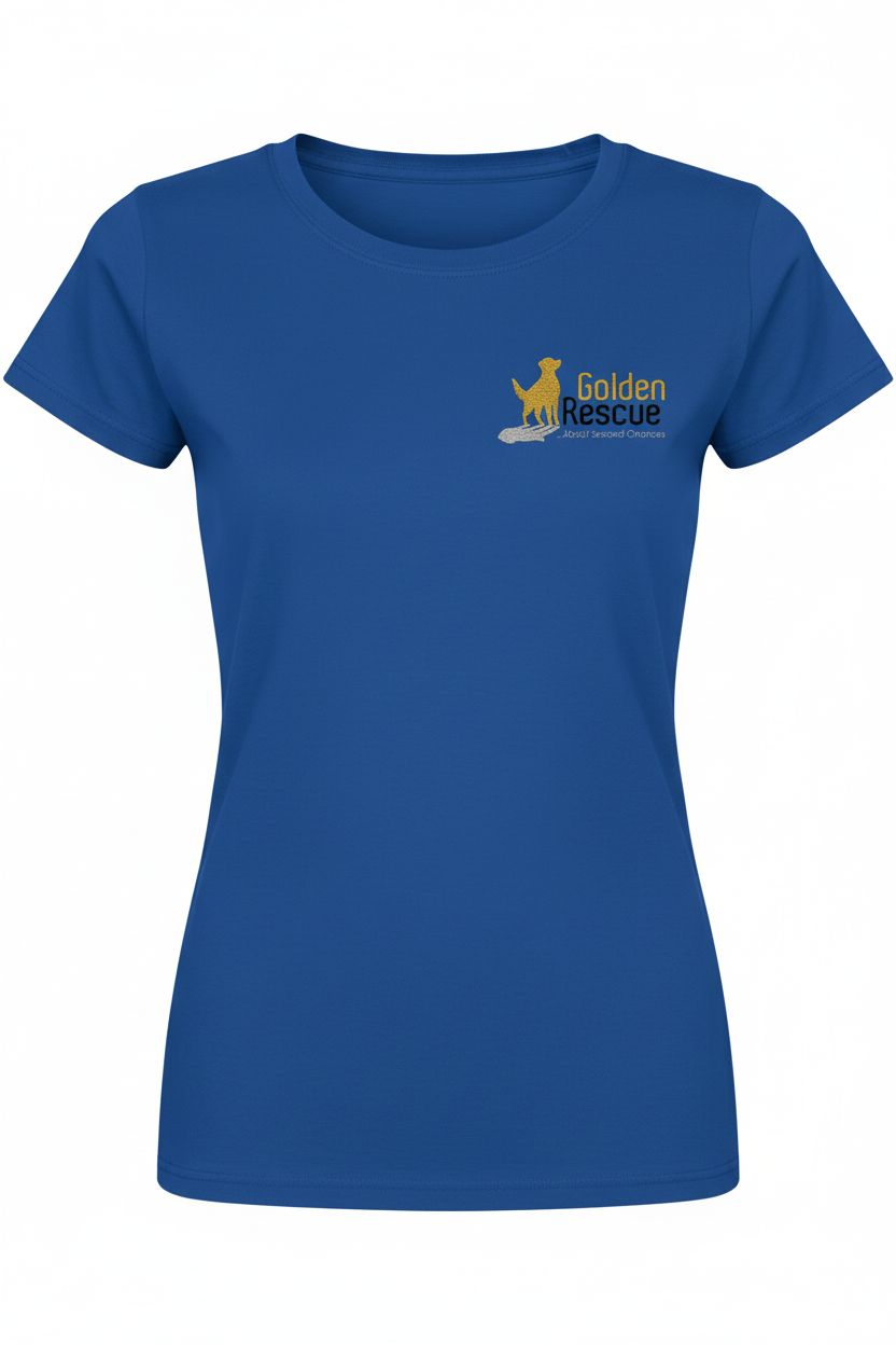 Blue t-shirt with a logo on the chest against a white background
