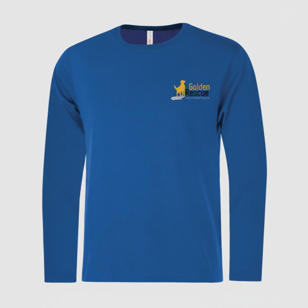 Royal blue t-shirt with small Golden Rescue logo on right chest