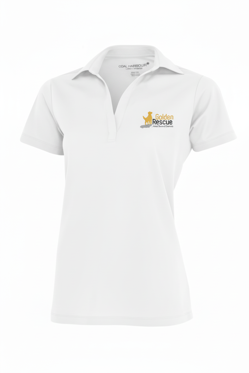 White Golf Shirt with Golden Rescue Logo